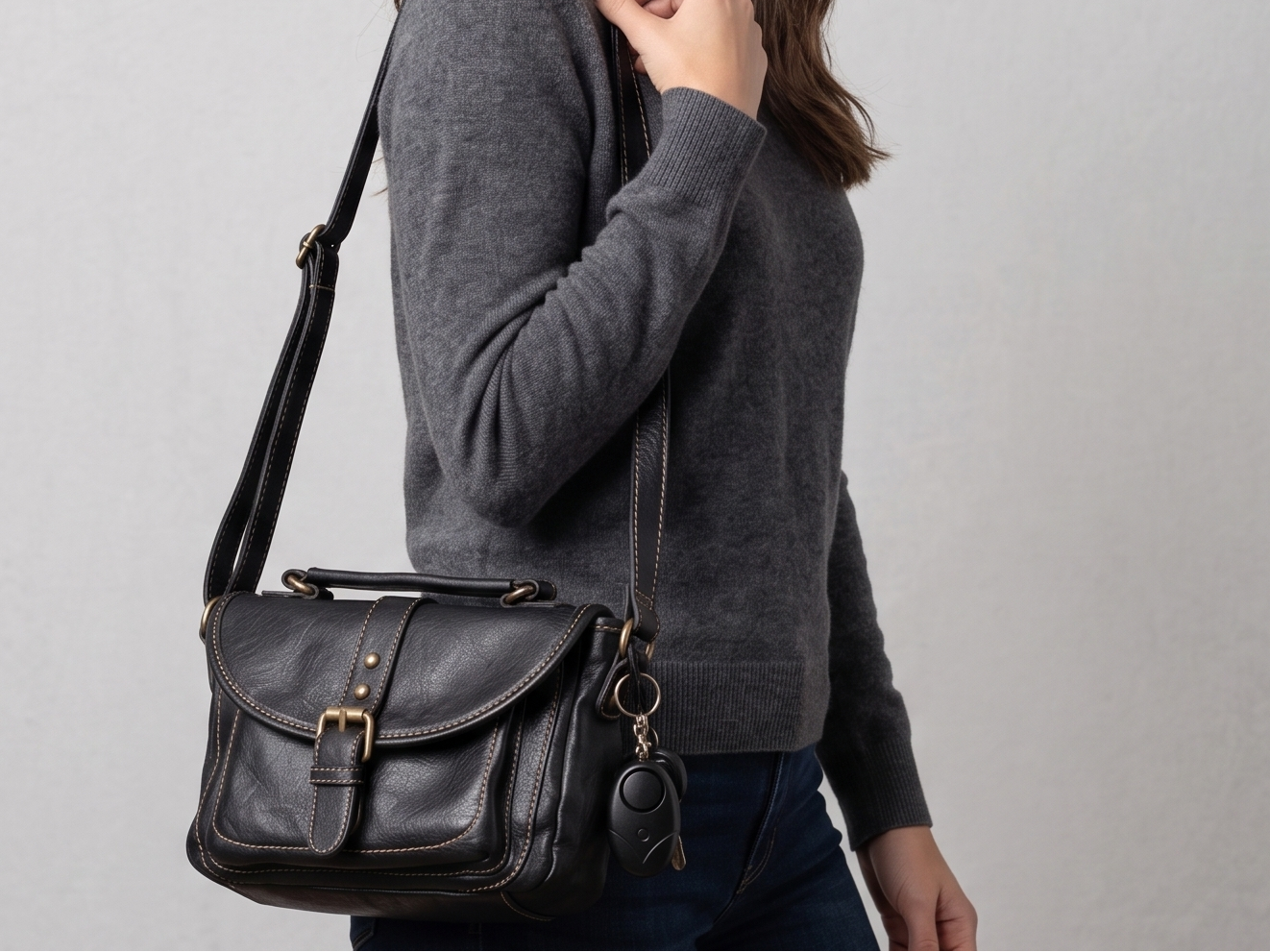 Person wearing a dark grey sweater with a black leather satchel bag with a SafeHer alarm clipped on with a light grey background