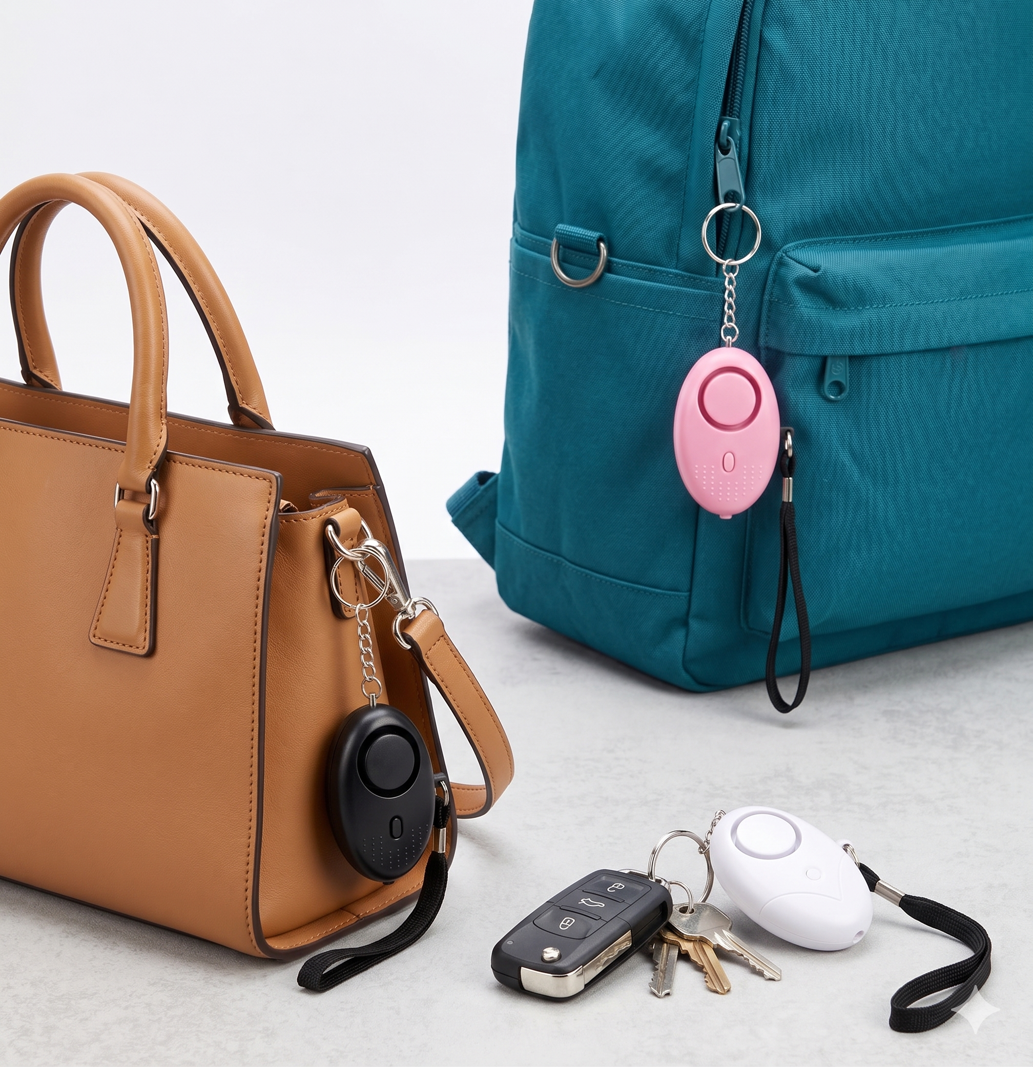Various personal safety devices attached to a brown handbag, blue backpack, and car keys on a light gray background.